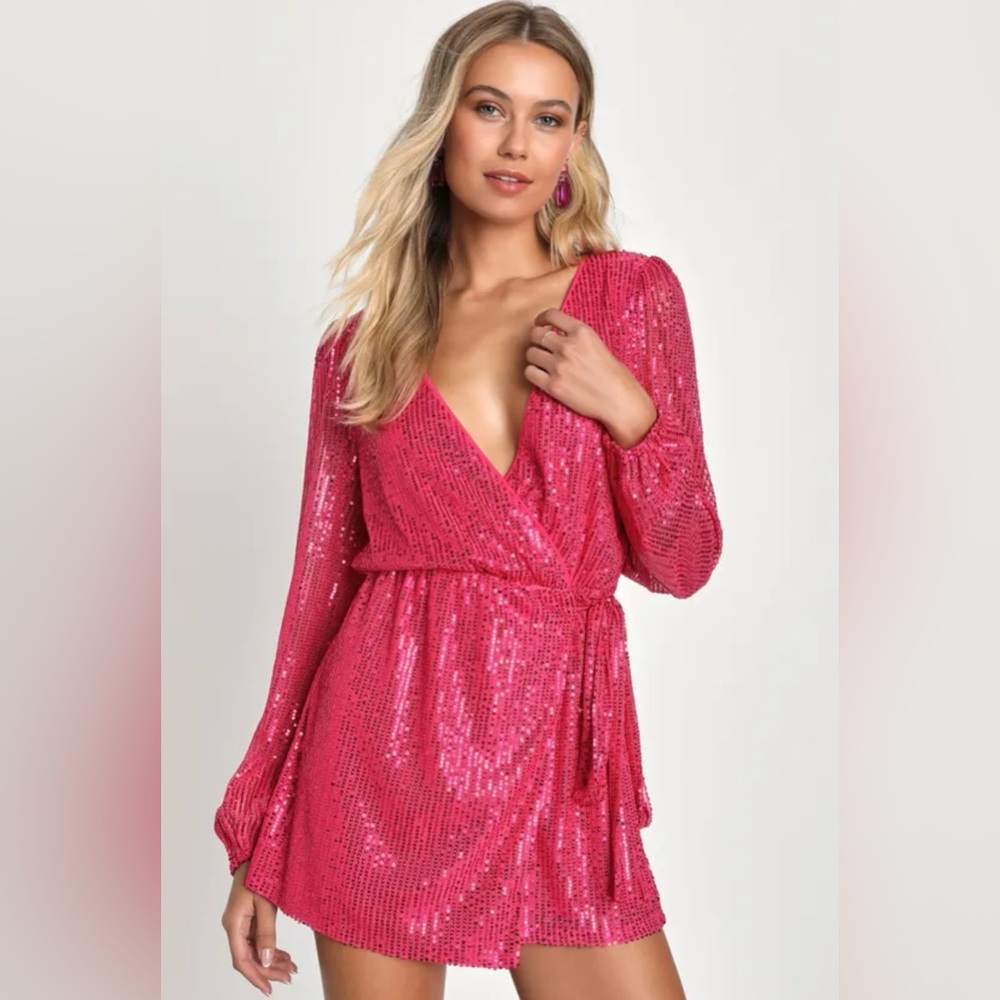 Lulus - Glamorous Essence Hot Pink Sequin Faux-Wrap Romper